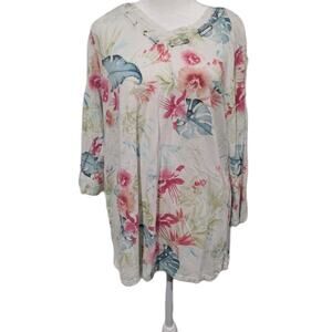 Chico’s Size 2 Large Whip Stitch Rivets Vneck Floral 3/4 Sleeve Blouse Shirt Top